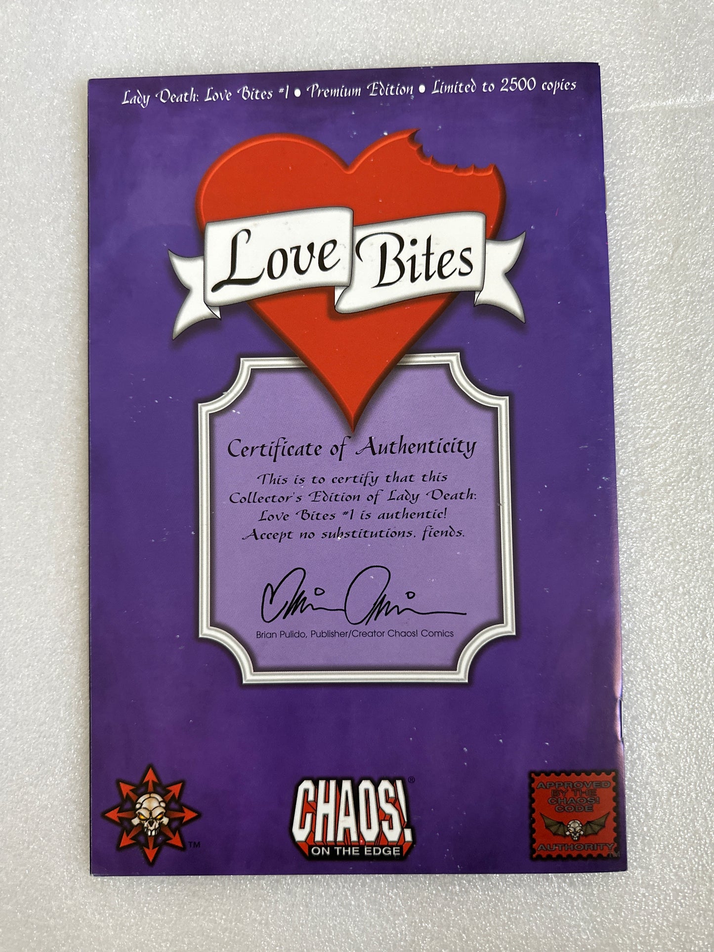 Lady Death: Love Bites #1 Premium Edition Signed by Bulido Chaos Comics 2001