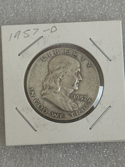 1957 D Franklin silver half dollar