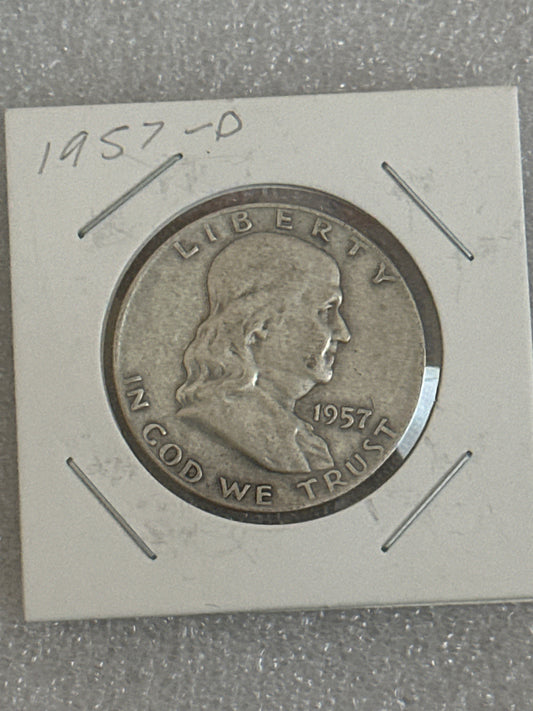 1957 D Franklin silver half dollar